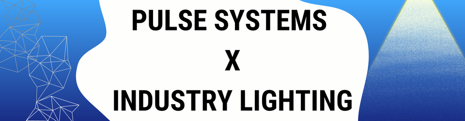 Text that reads "Pulse Systems X Industry Lighting". Left side has technology symbolism and the right hand of the text is a cartoon light shining down.